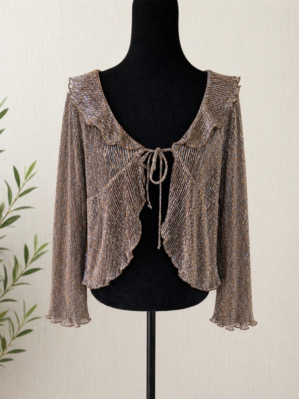 Cato Gold Metallic Sheer Top M Y2K Shimmer Ruffle Tie Front Elegant